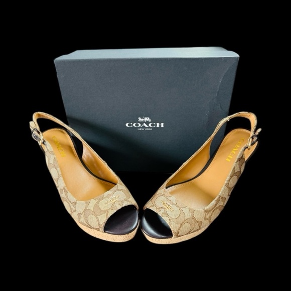 Coach Brown Wedges Signature designer heels with box gold shoes size 9 tan cork - Picture 1 of 10